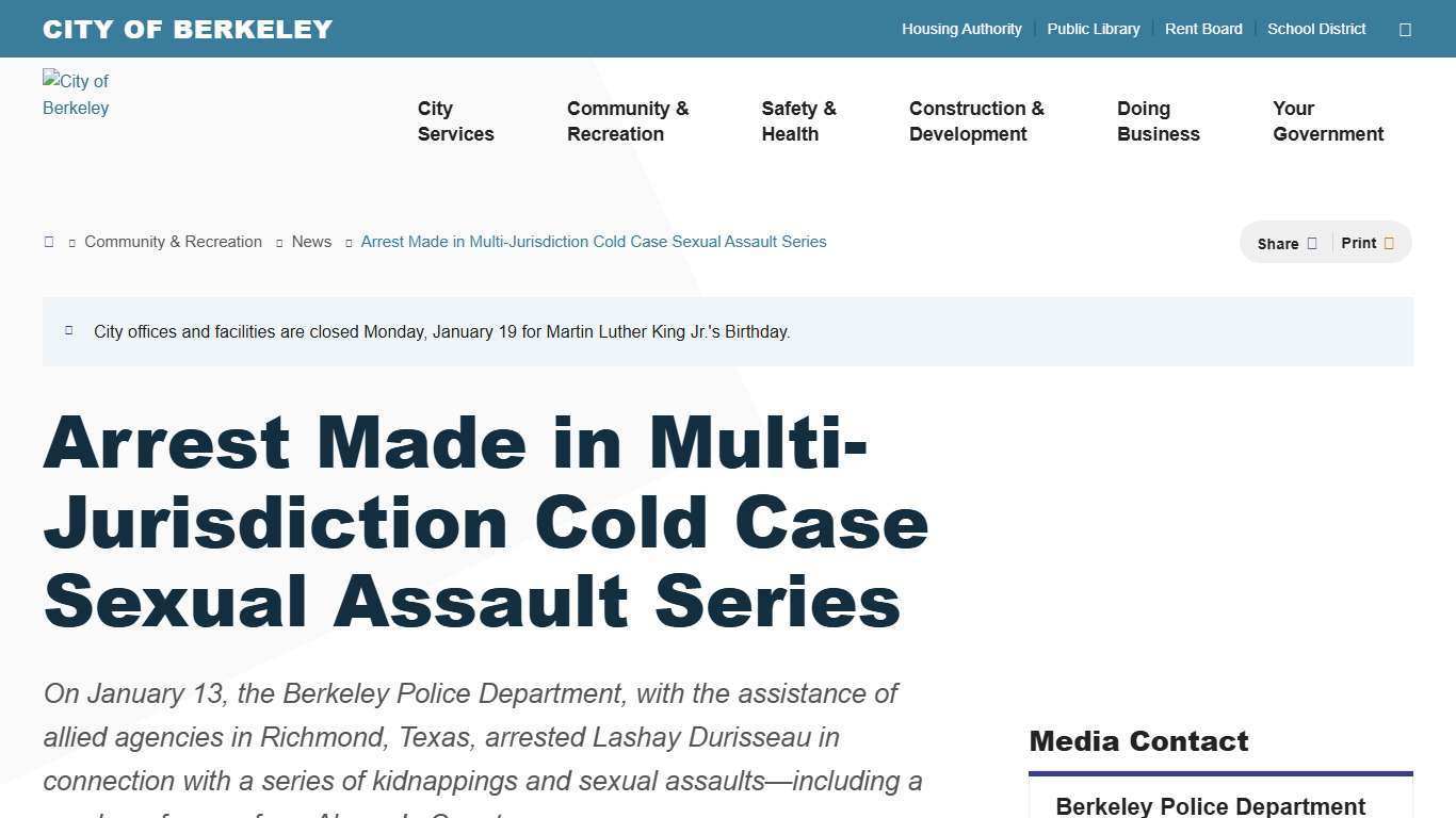 Arrest Made in Multi-Jurisdiction Cold Case Sexual Assault Series | City of Berkeley