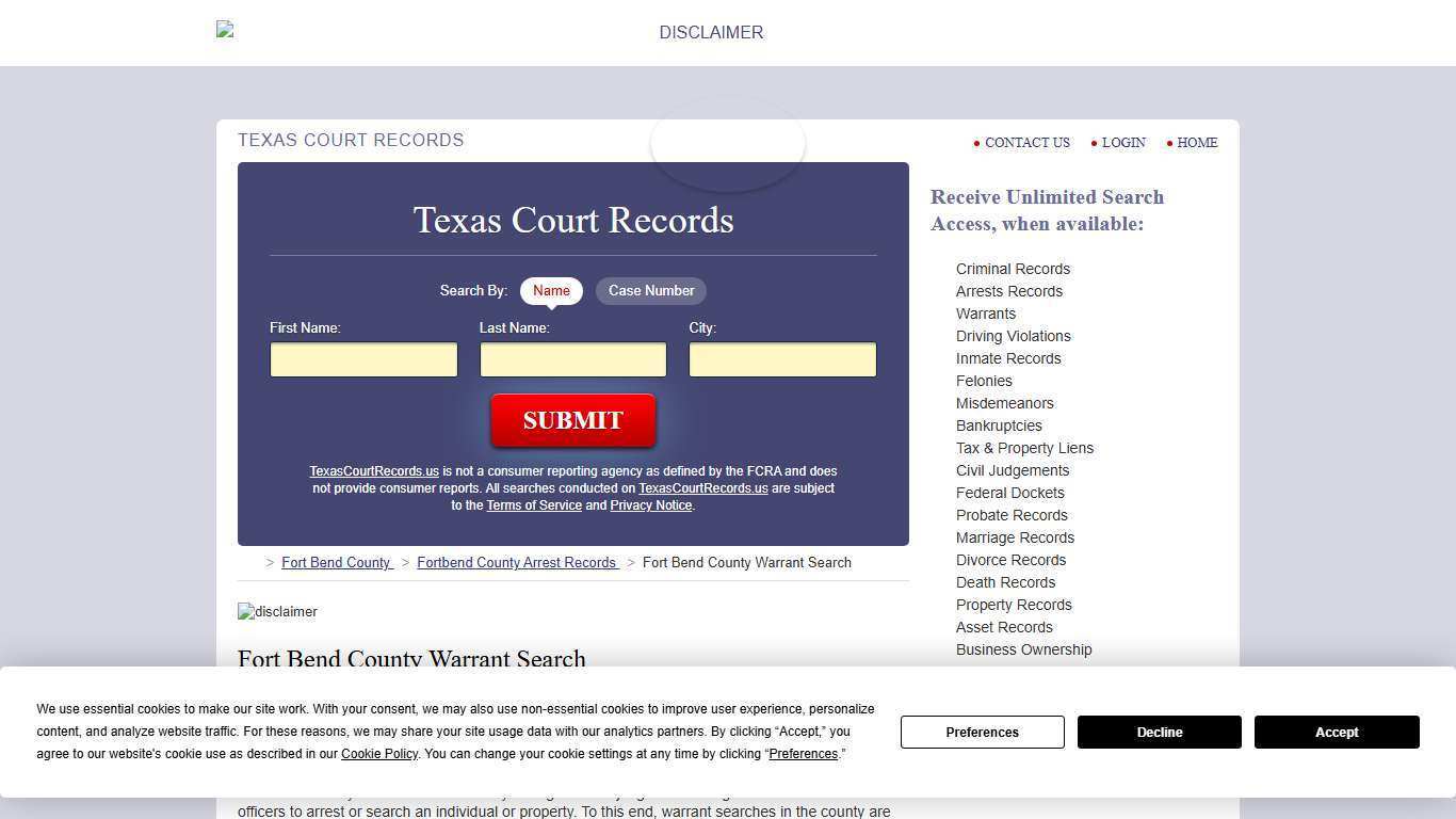 Fort Bend County Warrant Search | TexasCourtRecords.us
