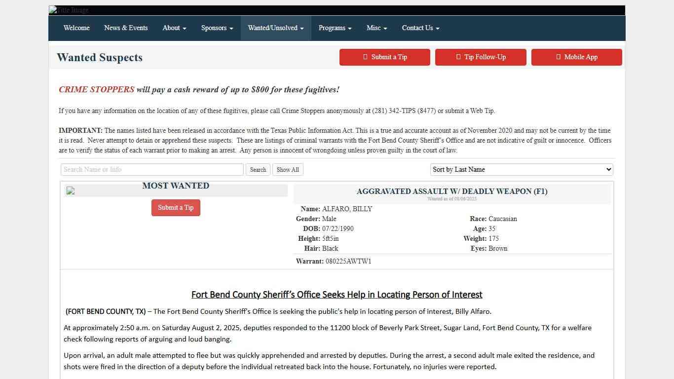 Wanted Suspects - Fort Bend County Crime Stoppers